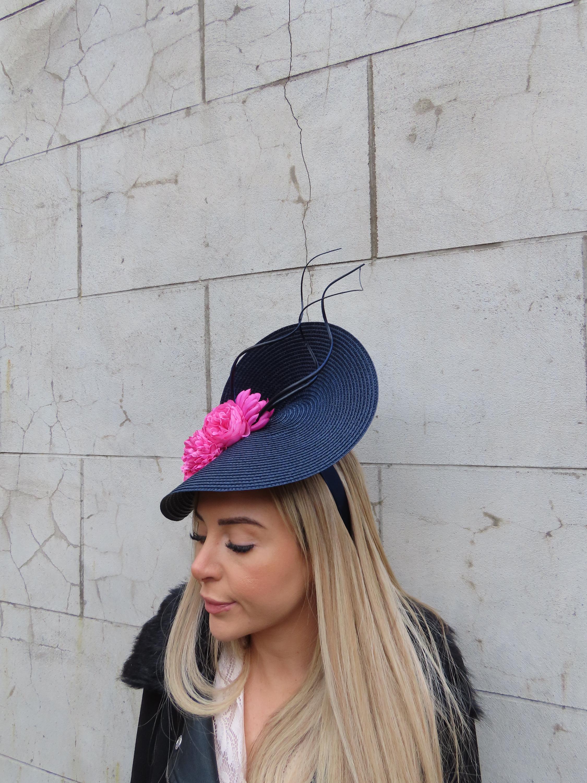 One off Piece Large Navy Blue & Hot Pink Flower Hat Fascinator Wedding ...