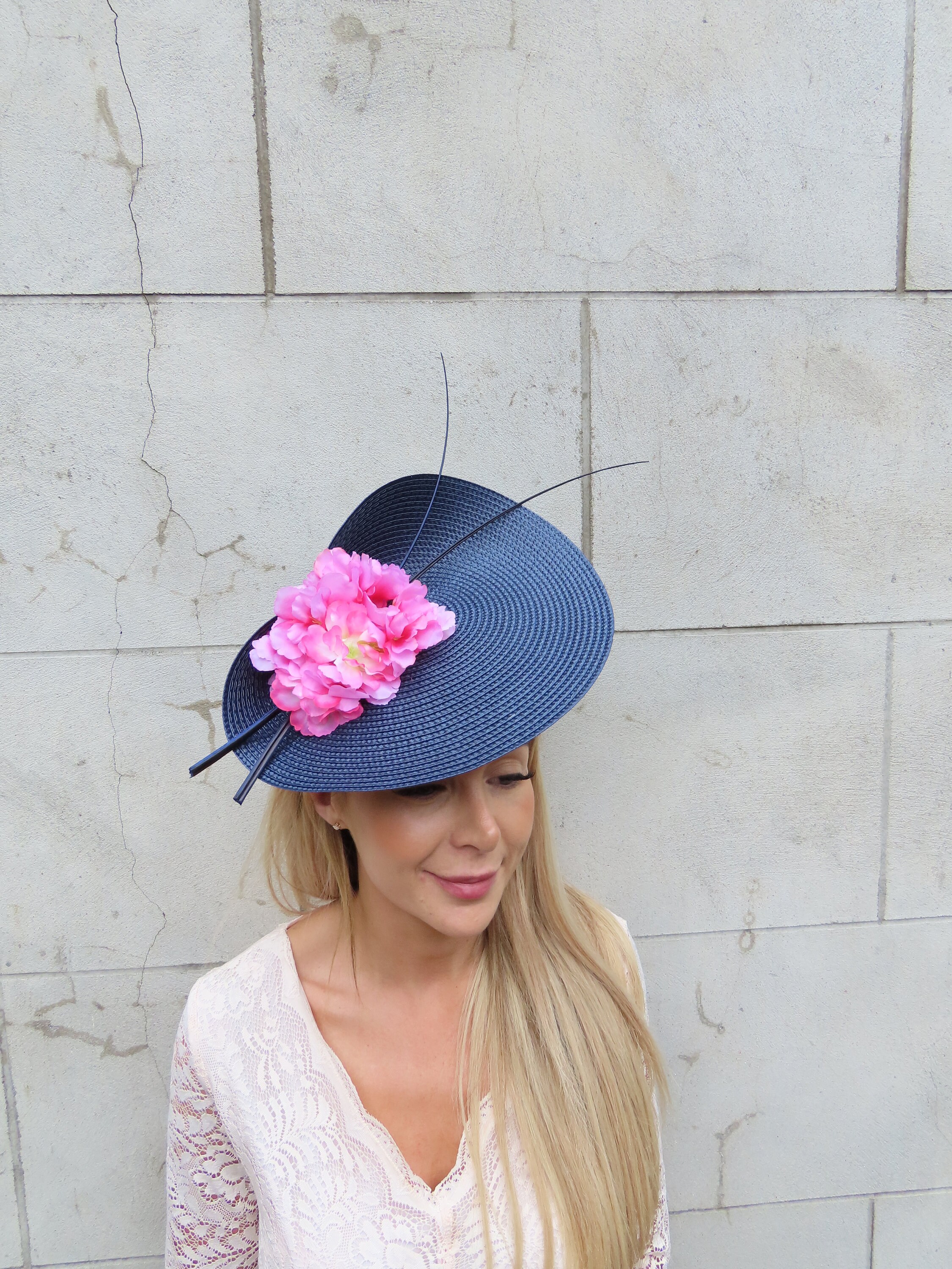 Unbranded Fascinator Hat Women OS Navy Blue Excellent Mesh Bow Rose Straw Boater Hat Haven Millinery - Kentucky Derby Hats and Fascinators  main image 3