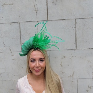 Emerald Green Statement Feather Fascinator Headband Headpiece Races Wedding Guest Sinamay Ladies Day u12207 One off Piece