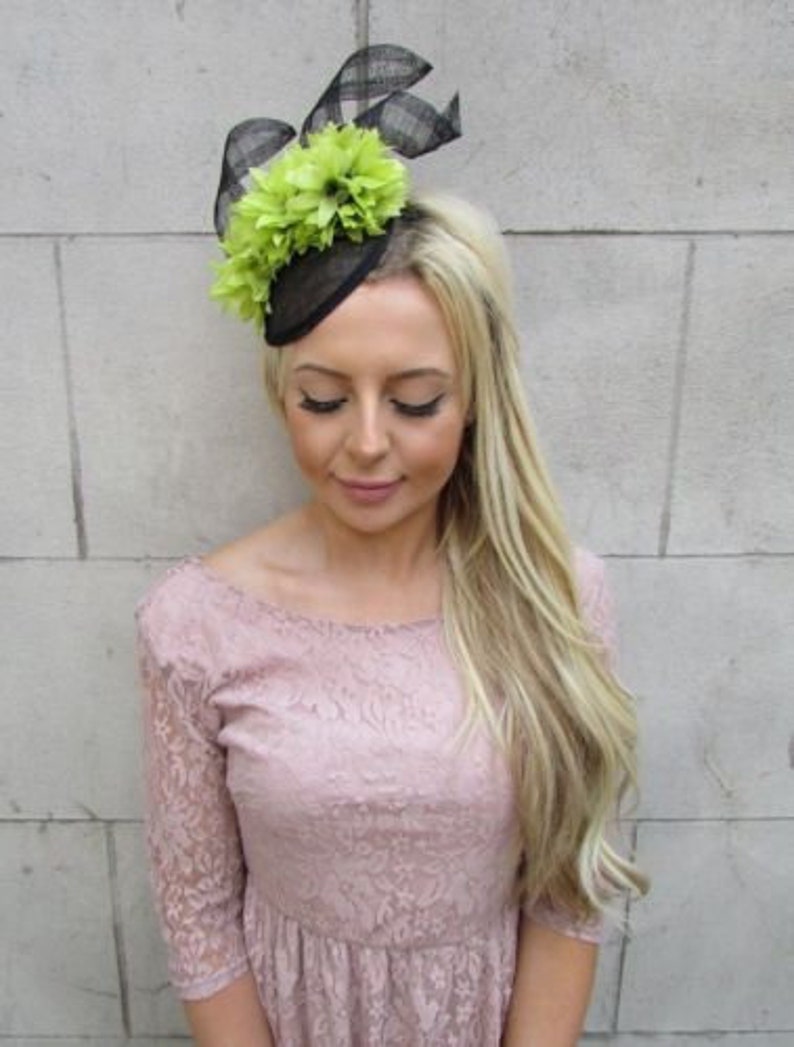 Black /& Lime Light Green Flower Hat Fascinator Races Wedding Hair Sinamay 5891