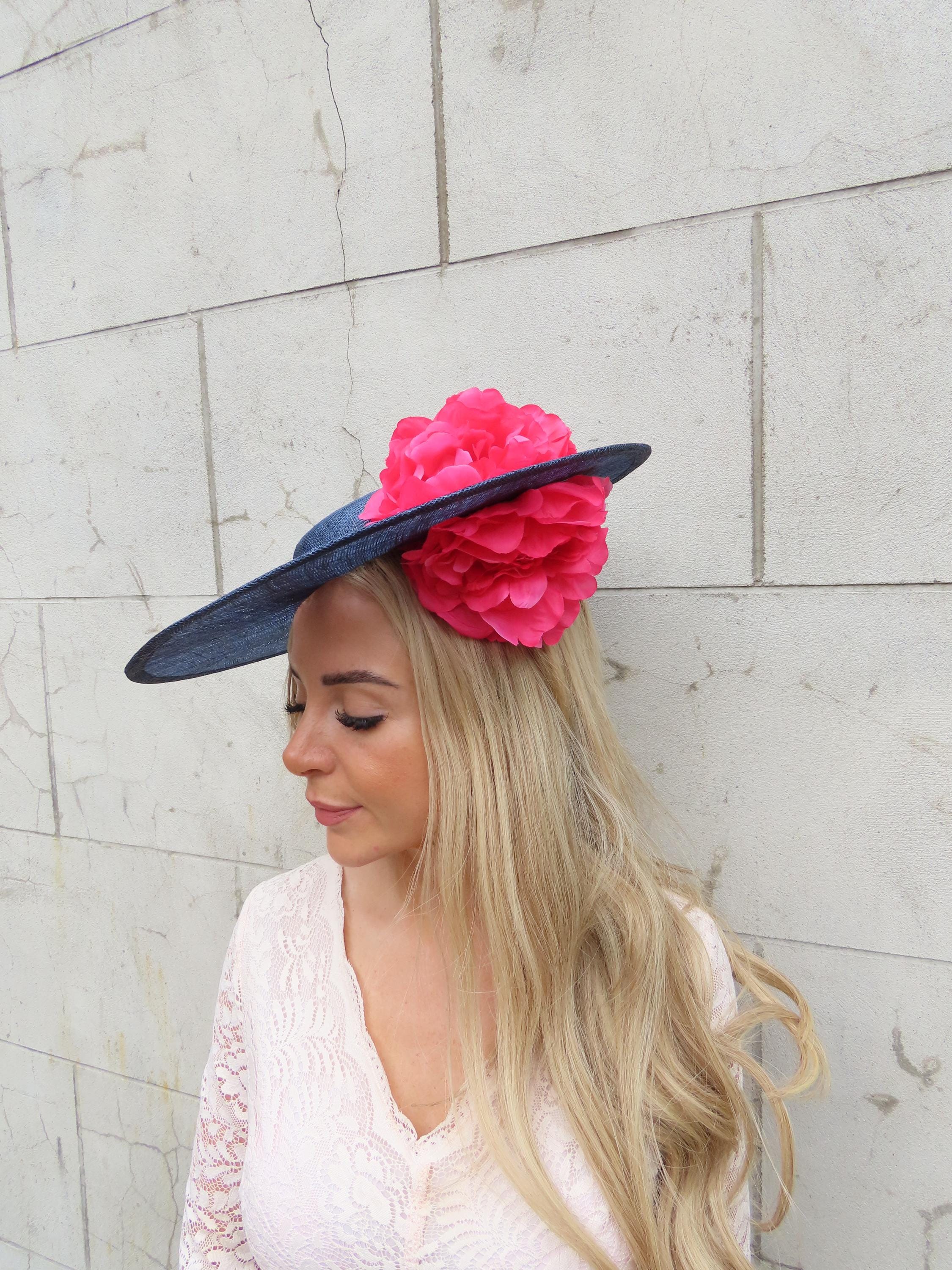 Large Navy Blue & Fuchsia Hot Pink Flower Hat Fascinator Disc Boater ...