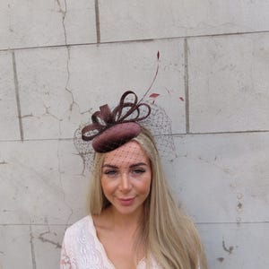 Chocolate Brown Velvet Feather Birdcage Veil Pillbox Hat 