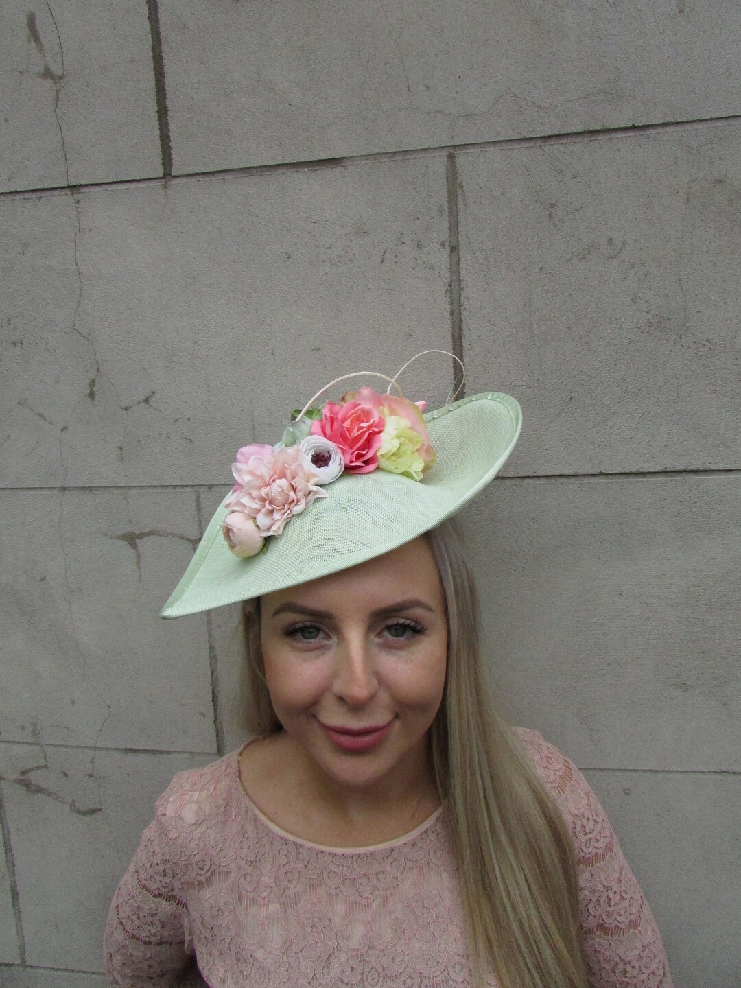 Large Mint Green Coral Peach Sage Flower Fascinator Hat Big Teardrop