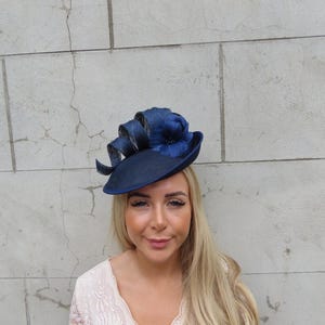 Large Navy Blue Disc Feather Flower Fascinator Hat Races Hatinator Wedding Guest Hairband Headband Headpiece Statement Ascot u12406