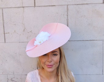 One off Piece Large Light Blush Pink Ivory Flower Straw Style Hat Fascinator Wedding Guest Races Ladies Day Disc Hatinator Big Dusky u10505