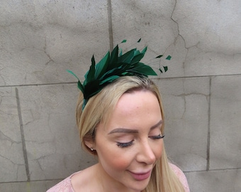 Bottle Green Feather Fascinator Races Wedding Guest Headpiece Hairband Alice Band Headband Ladies Day Thin Headband Dark Emerald ps-6