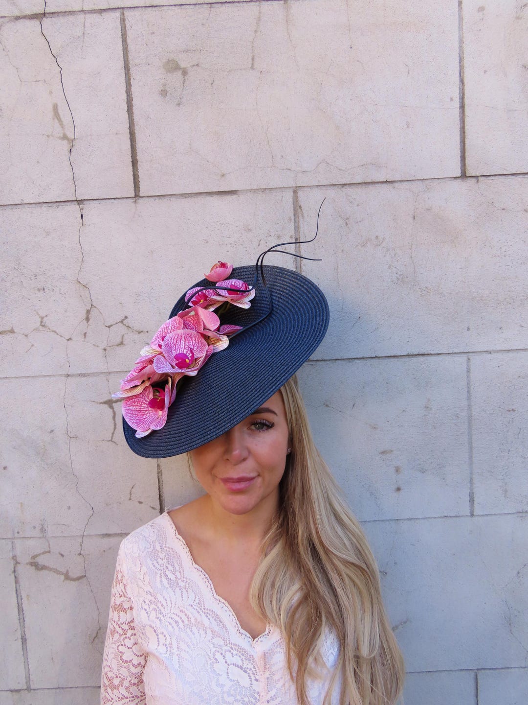 Large Navy Blue & Hot Pink Orchid Flower Hat Fascinator Disc Straw ...