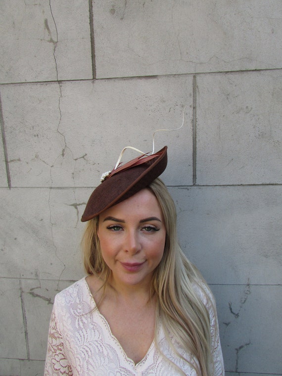 Cream and Brown Fascinator with Feathered Elegance Aimee Fuller Ascot Kentucky Derby Fascinator Light Peach  main image 2