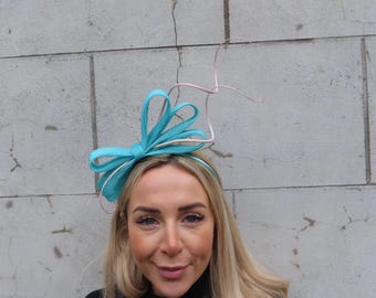 One off Piece - Aqua Turquoise Blue Blush Pink Feather Fascinator Headband Headpiece Races Wedding Guest Sinamay Ladies Day Hatinator u12001
