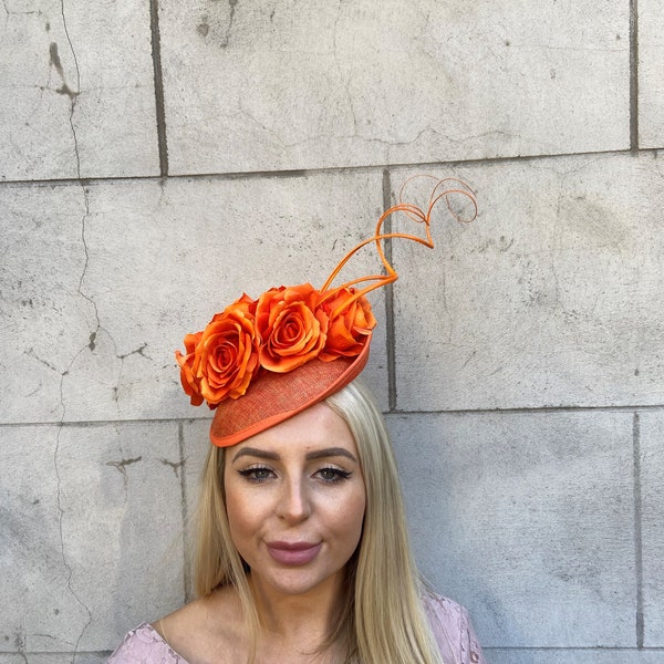 Burnt Orange Rose Flower Feather Disc Saucer Hat Fascinator Races Wedding Headband Hairband 1x3b