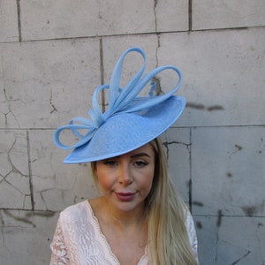 Large Light Blue Teardrop Fascinator Hat Big Hatinator Wedding Guest Races Headpiece Baby Blue Cornflower Headpiece on a Headband u10311