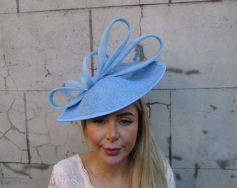 Large Light Blue Teardrop Fascinator Hat Big Hatinator Wedding Guest Races Headpiece Baby Blue Cornflower Headpiece on a Headband u10311