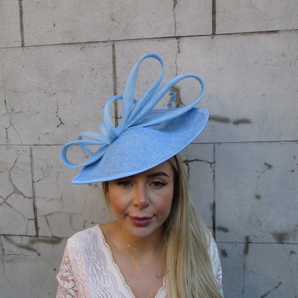 Large Light Blue Teardrop Fascinator Hat Big Hatinator Wedding Guest Races Headpiece Baby Blue Cornflower Headpiece on a Headband u10311