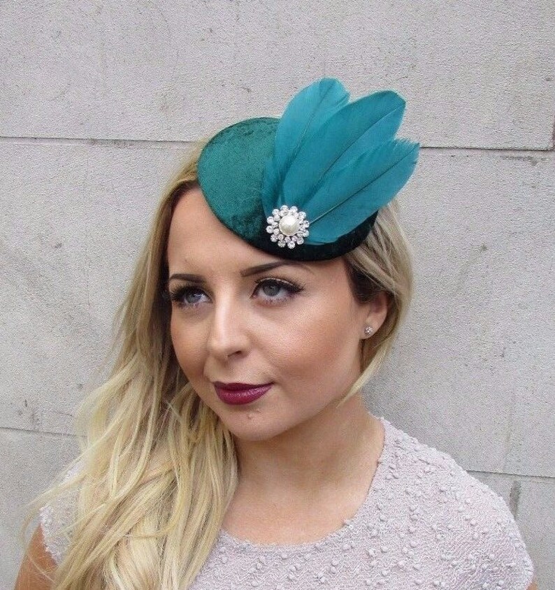 Dark Green Silver Feather Pillbox Hat Fascinator Hair Clip Etsy