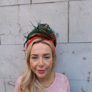 Burnt Orange & Green Pheasant Peacock Feather Velvet Padded Headband Fascinator Races Ascot Wedding Guest Headpiece u12710