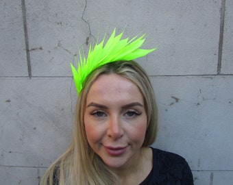 Neon Lime Green Feather Fascinator Races Wedding Guest Headpiece Hairband Alice Band Headband Ladies Day Bright Green Thin Headband u12511