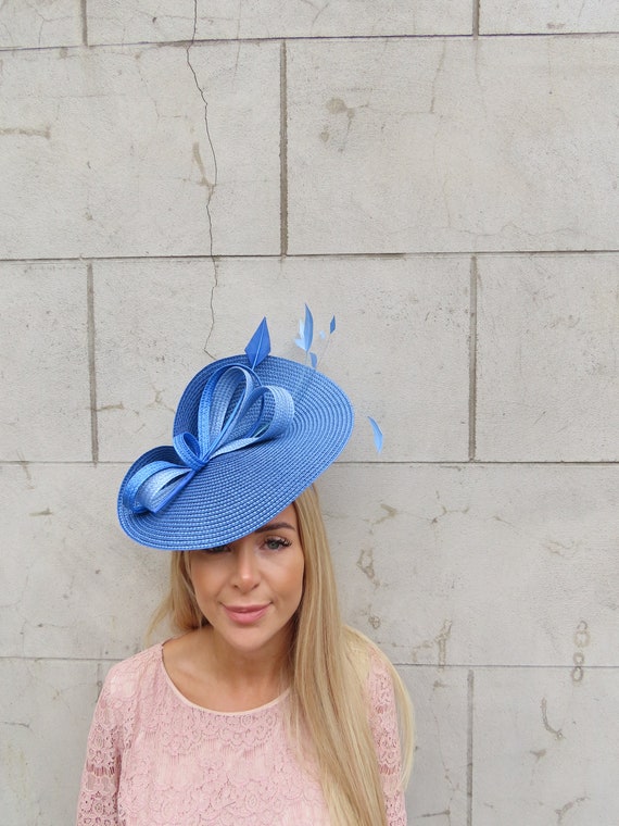 Royal Blue Straw Headband/Fascinator Yellow wave with royal blue fascinator | Atlanta Derby Hats main image 3