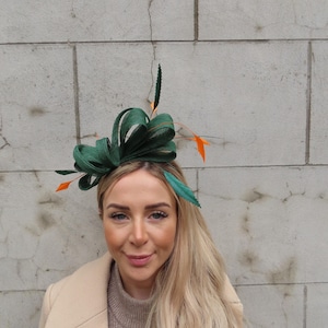 Bottle Green & Orange Feather Fascinator Headband Headpiece Races Wedding Guest Sinamay Ladies Day Modern Dark Green One off Piece - u10302