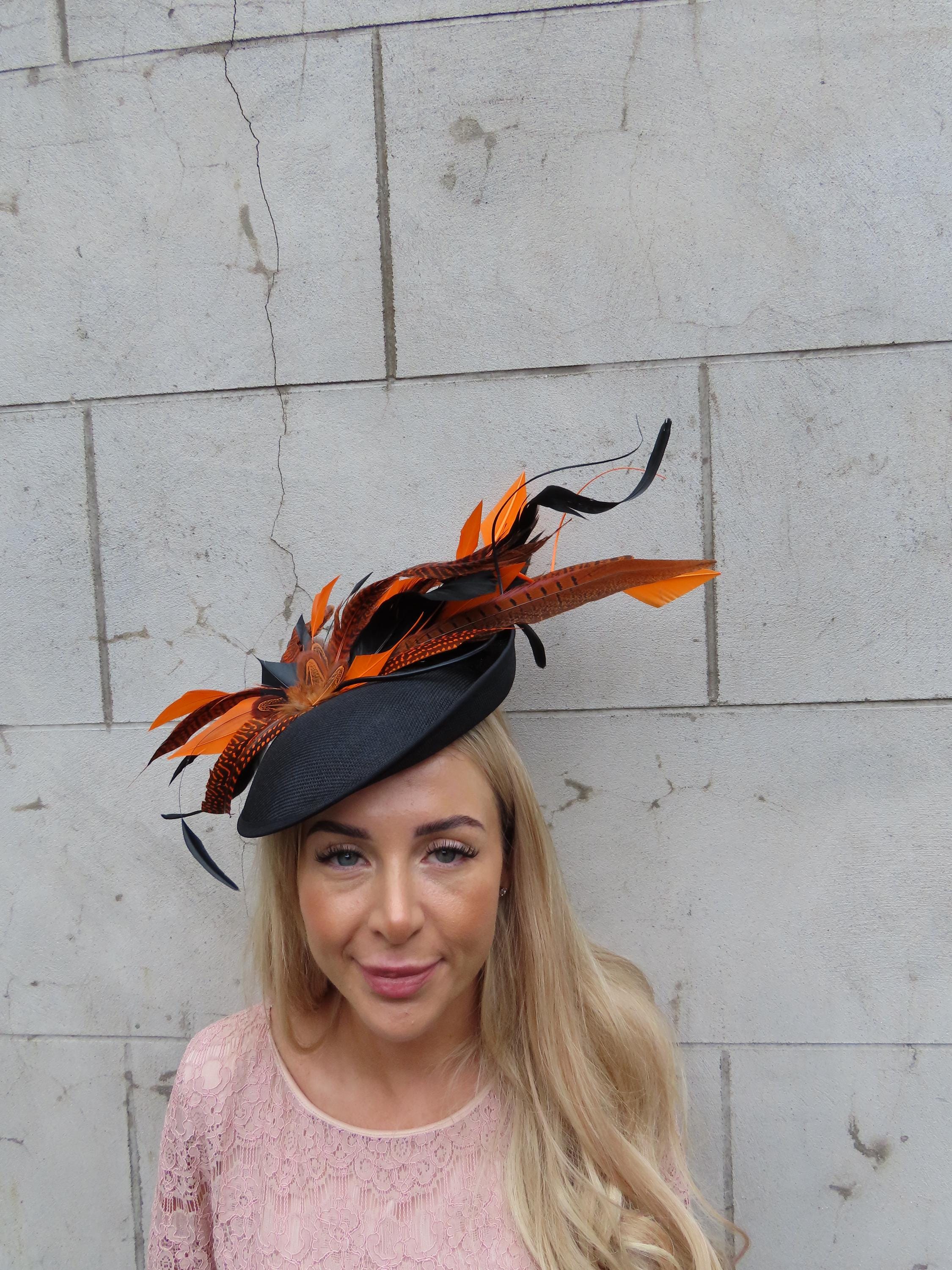 Orange Feathered Fascinator Headpiece Orange Fascinator Wedding Fascinator Bright Fascinator  main image 4