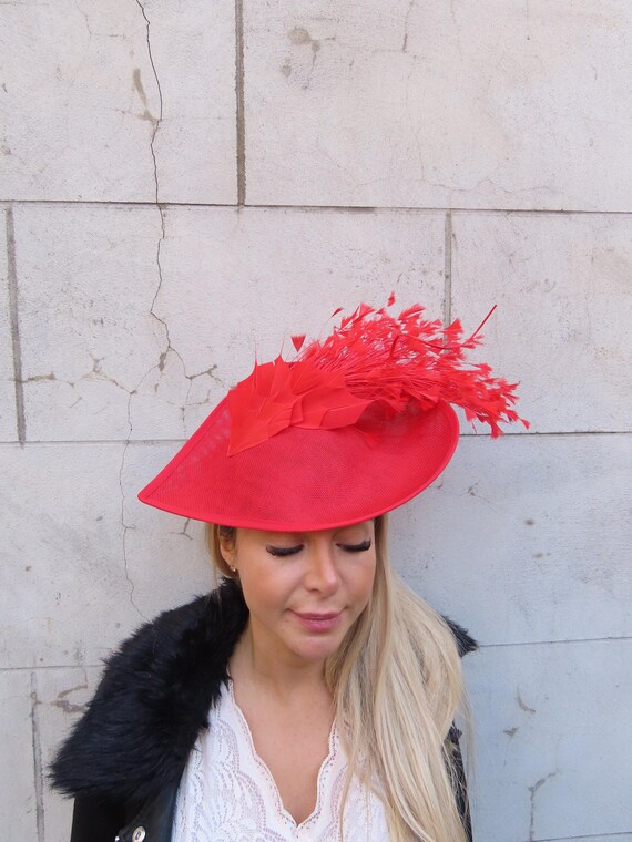 Vibrant Red Feathered Hat Fancy Bright Red Doll Hat with Large Red Feather 9.5 main image 4