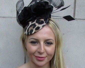 Leopard Print Black Rose Flower Feather Hat Fascinator Races Wedding Hair sh-382