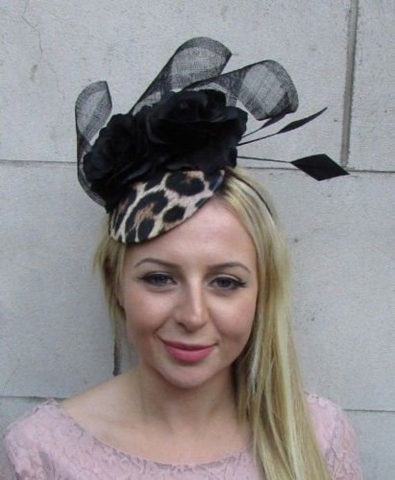 Leopard Print Black Rose Flower Feather Hat Fascinator Races