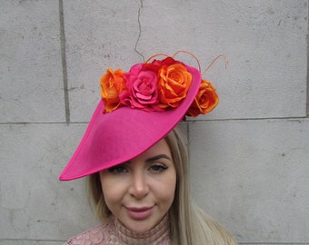 Large Hot Pink Orange Fascinator Hat Flower Teardrop Races Hair Headband Ladies Day Wedding Cerise Hatinator Fuchsia Headpiece Ascot u10904