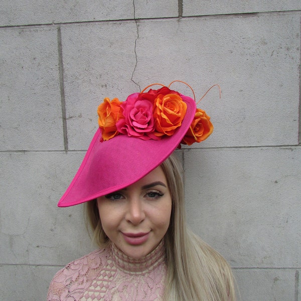 Large Hot Pink Orange Fascinator Hat Flower Teardrop Races Hair Headband Ladies Day Wedding Cerise Hatinator Fuchsia Headpiece Ascot u10904