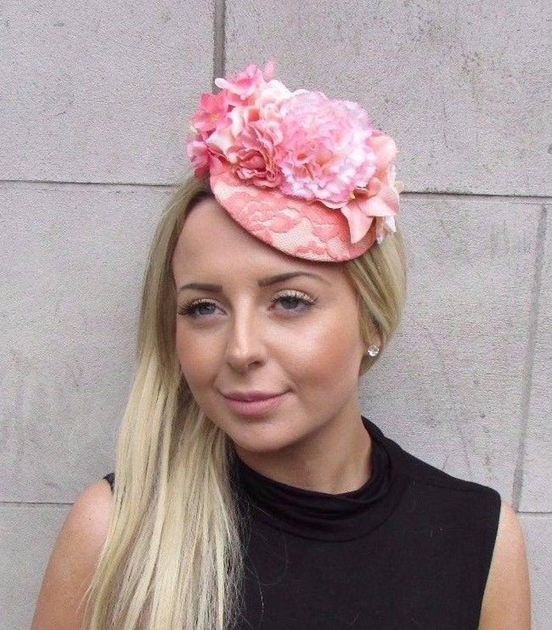 Coral Peach Pink Cream Floral Flower Fascinator Hat Pillbox Races Wedding 3136