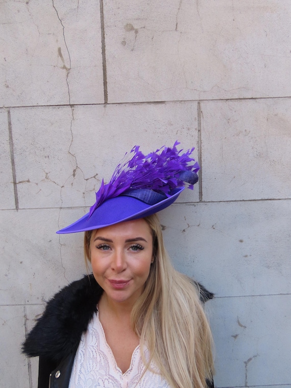 Large Purple Feather Fascinator Hat Teardrop Wedding Guest 