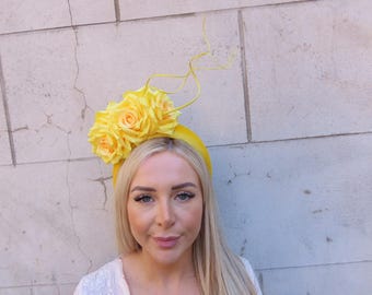 Yellow Feather Rose Flower Velvet Padded Headband Fascinator Headpiece Wedding Races Hairband Ascot Halo u10204b