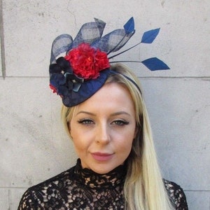 Navy Blue Red Rose Flower Feather Pillbox Hat Hair Fascinator Races Wedding sh-538