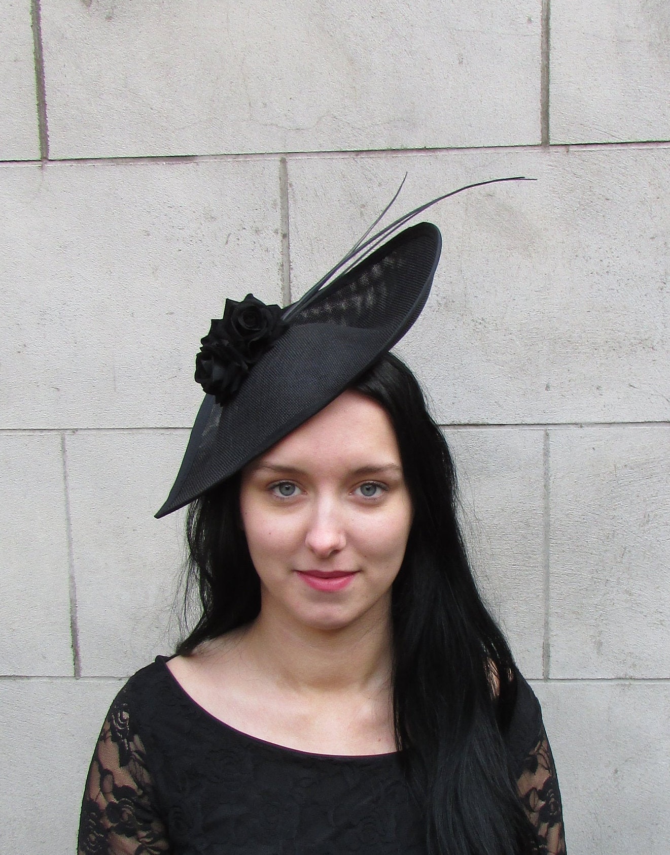 Elegant Black Feathered Hat with Blue Rose Kentucky Derby Hats by Rachel + Kate | Contrary to popular  main image 4