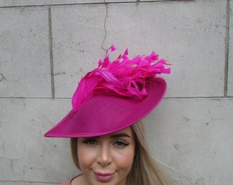 Large Fuchsia Pink Feather Fascinator Hat Big Teardrop Wedding Mother of Bride Hatinator Headpiece Headband Races Big Cerise Hot Pink u12307