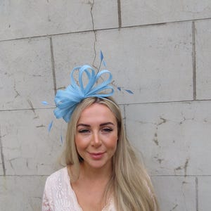 Light Baby Blue Fascinator Headband  Wedding Guest Headpiece Races Sinamay One off Piece - u10707