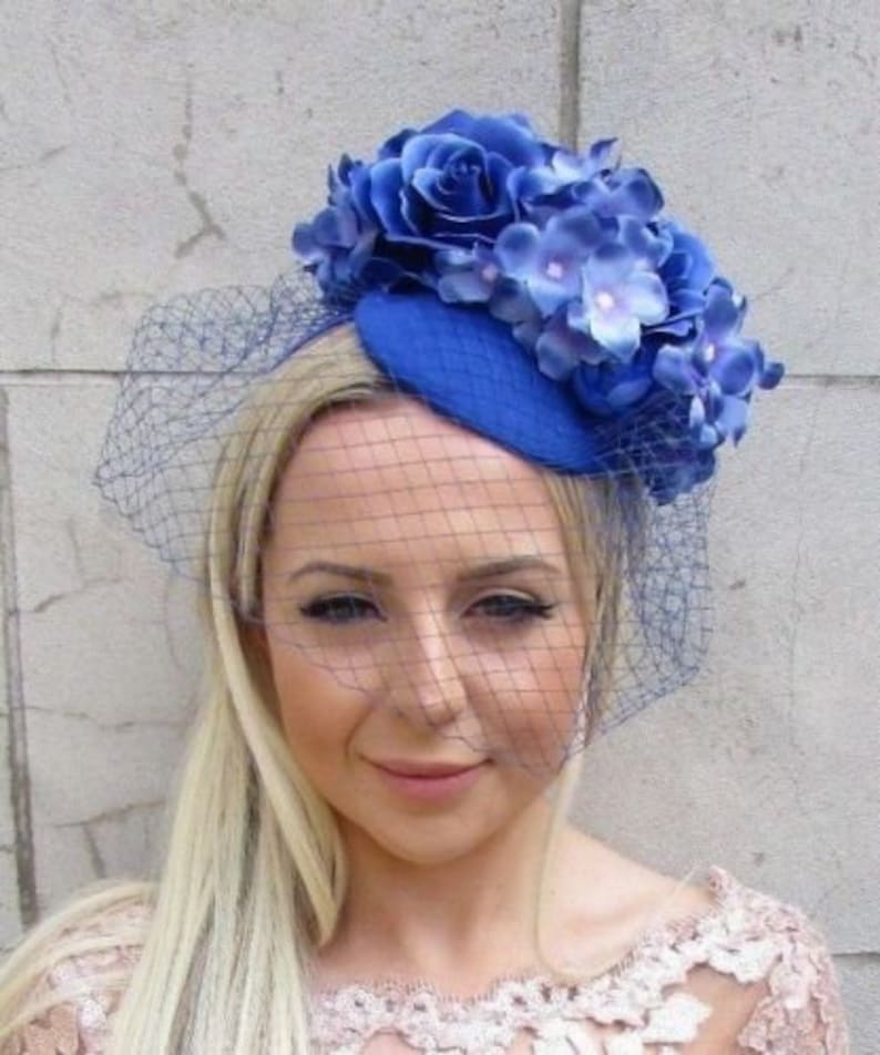 Royal Blue Rose Hydrangea Birdcage Veil Flower Hair Fascinator Hat Races 5716