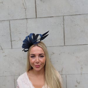 Dark Navy Blue Feather Sinamay Fascinator Wedding Guest Headband Headpiece Races Modern One off Piece - u12207