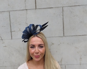 Dark Navy Blue Feather Velvet Headband Fascinator Headpiece  display picture 3