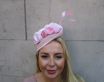 Blush Baby Light Pink Feather Flower Saucer Disc Hat Fascinator Races Wedding 0971