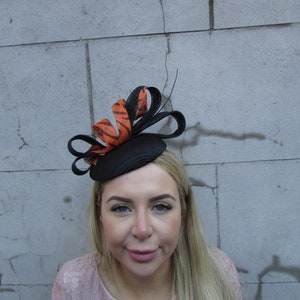 Black & Burnt Orange Animal Tiger Print Fascinator Hat Headband Wedding Races Hair Headpiece Pillbox Hat u1b60