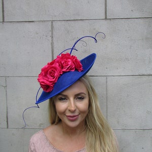 New Large Royal Blue Hot Pink Cerise Rose Flower Feather Teardrop Fascinator Hat Wedding Races Headpiece Ladies Day sh-424