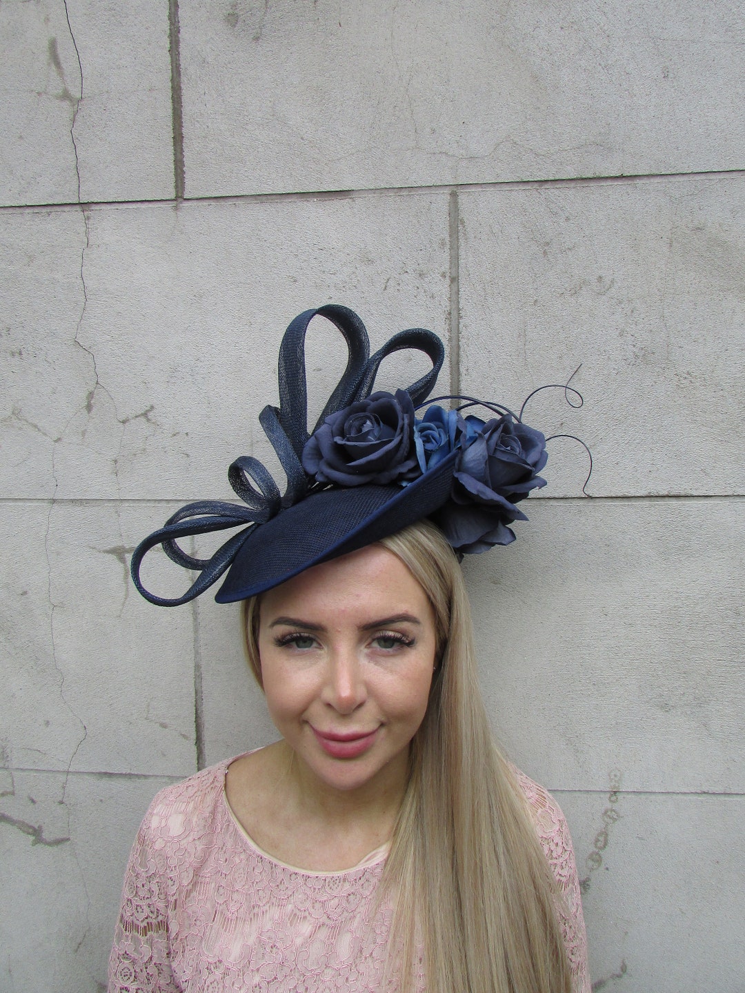 Large Navy Blue Rose Flower Floral Disc Saucer Feather Hat Etsy