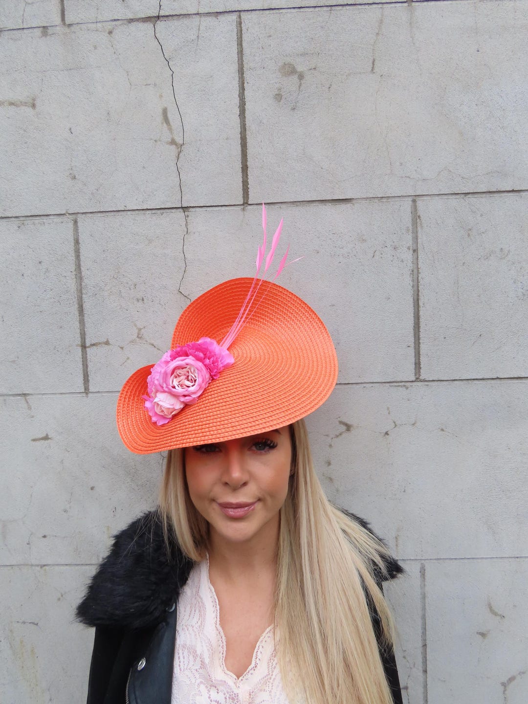 One off Piece Large Orange & Pink Flower Straw Style Hat Fascinator ...