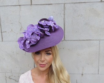 Large Plum Purple Orchid Flower Straw Style Hat Fascinator Wedding Guest Races Disc Headband Hatinator Big Grape Aubergine u12107