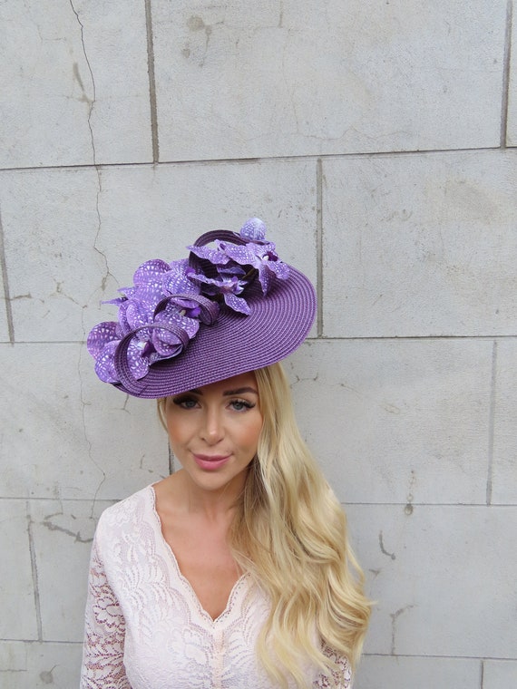 Large Plum Purple Orchid Flower Straw Style Hat Fascinator  display picture 2