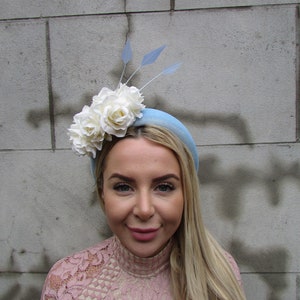 Light Blue Cream Rose Flower Velvet Padded Headband Fascinator Headpiece Wedding Races Hairband Halo f-20