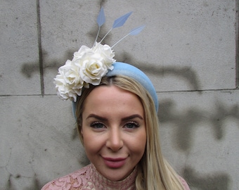 Light Blue Cream Rose Flower Velvet Padded Headband Fascinator Headpiece Wedding Races Hairband Halo f-20