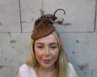 Brown Pheasant Feather Fascinator Sinamay Pillbox Hat Fascinator Headpiece Races Wedding Racing Hatinator Cheltenham Headband u10311