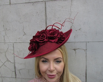 Large Burgundy Wine Red Maroon Teardrop Fascinator Hat Flower Wedding Big Races Headpiece Hatinator Floral Headband Hairband Ascot OR-02