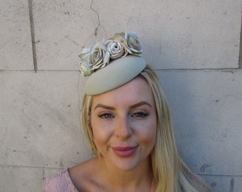 Light Sage Green Flower Pillbox Hat Hair Fascinator Wedding Races Headpiece Headband Hairband Floral sh-148